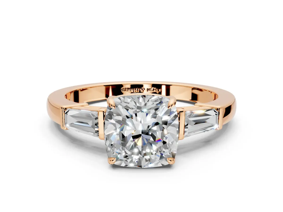 3 Stone Engagement Ring Setting for Cushion Cut Center with Baguette Accents and Prong Head in Rose Gold