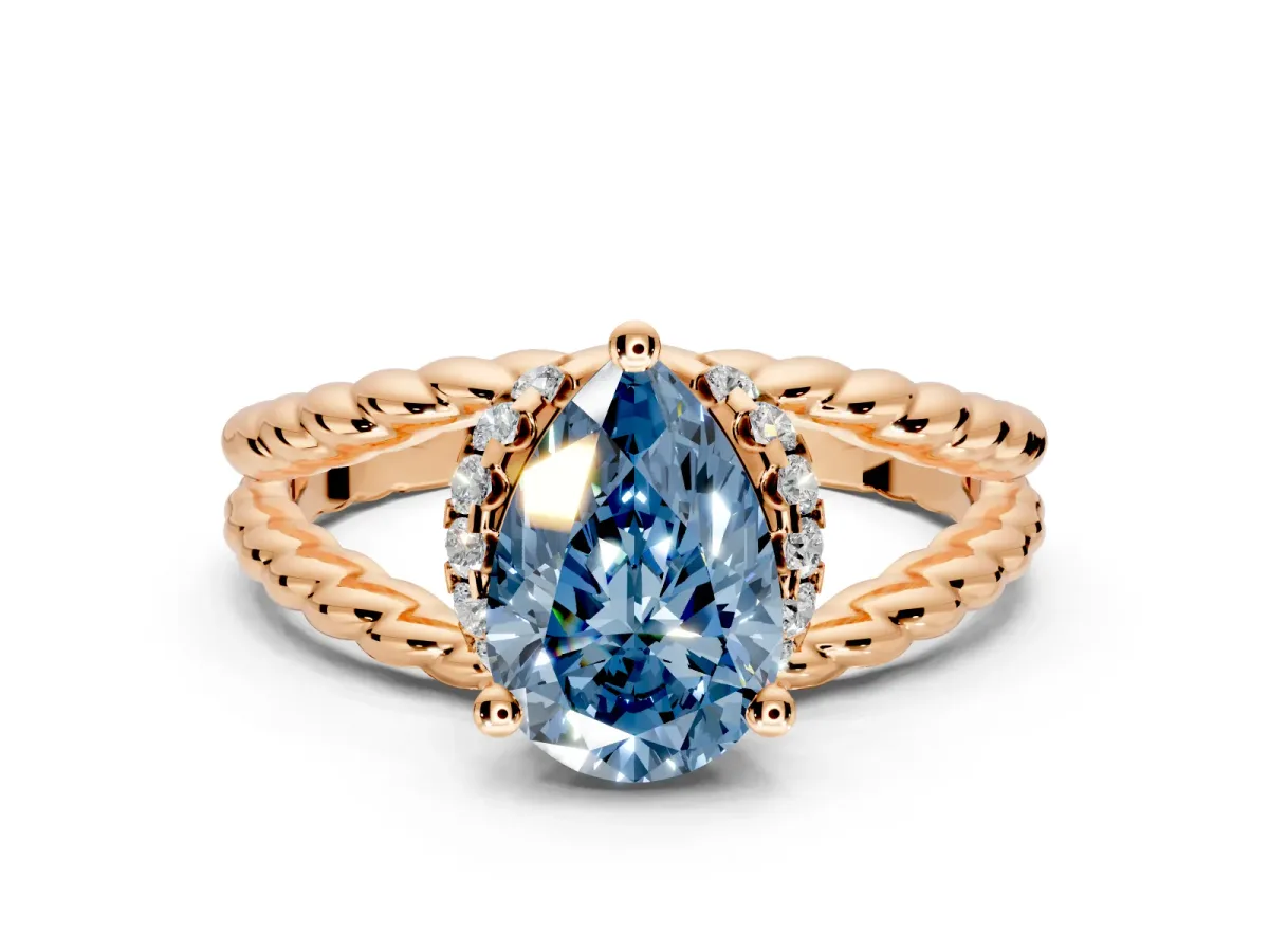 Halo Engagement Ring Setting for Fancy Blue Pear-Shaped Center with Rope Twist Split Shank and Prong Head in Rose Gold