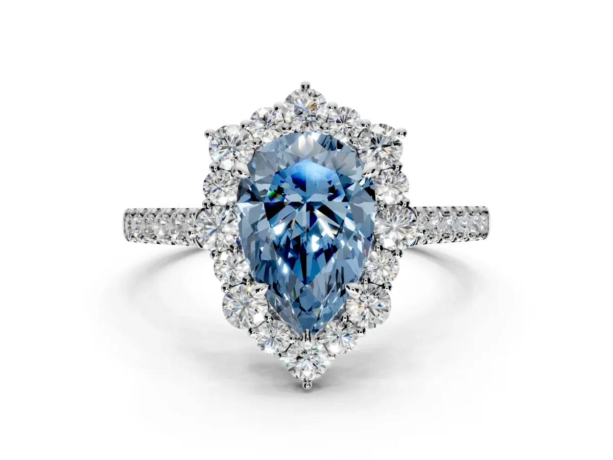 Halo Engagement Ring Setting for Fancy Blue Pear-Shaped Center with Single-Row Pave, Open Basket and Prong Head in Platinum