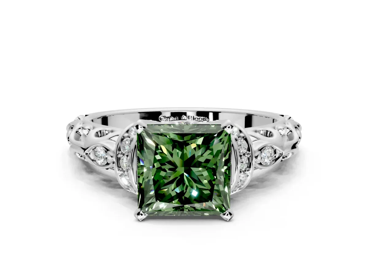 Solitaire Engagement Ring Setting for Fancy Green Princess Cut Center with Filigree Band and Prong Head in White Gold