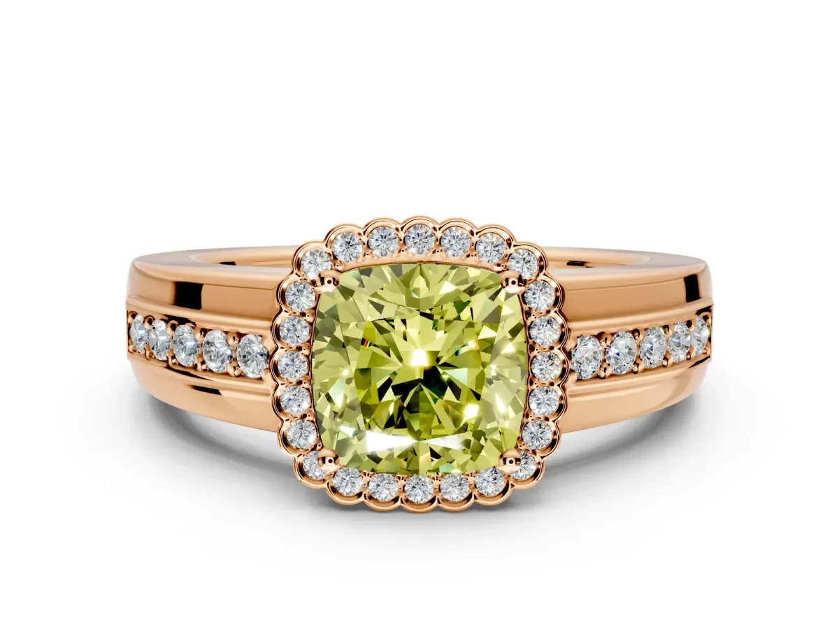 Halo Engagement Ring Setting for Fancy Yellow Cushion Cut Center with Wide Band, Inlaid Accent Row and Prong Head in Rose Gold