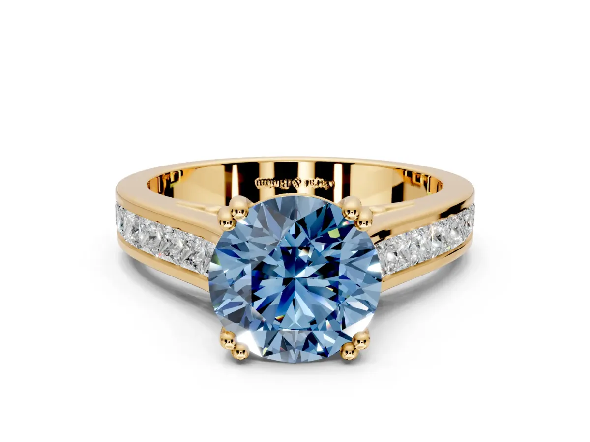 Solitaire Engagement Ring Setting for Fancy Blue Round Cut Center with Channel Band and Double Claw Prong Head in Yellow Gold