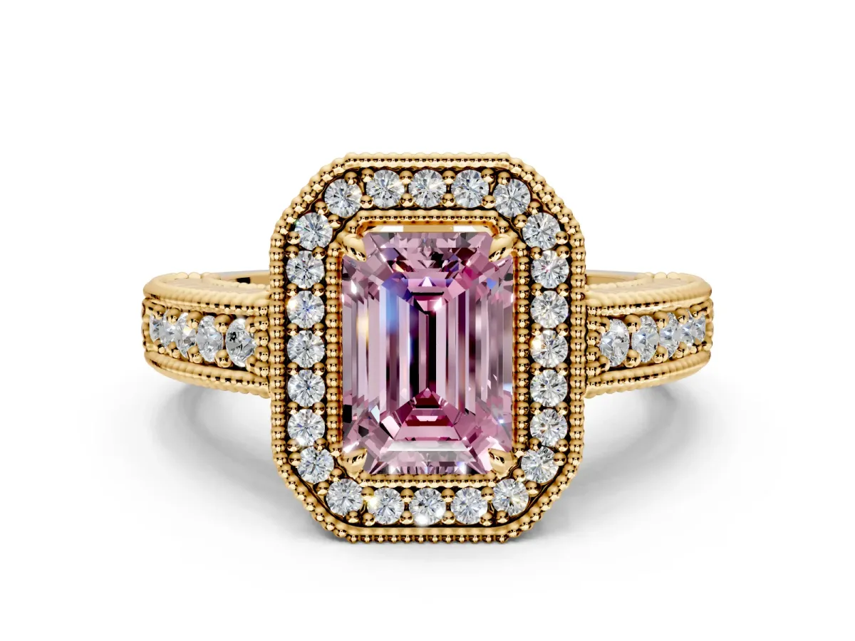 Milgrain Halo Engagement Ring Setting for Fancy Pink Emerald Cut Center with Pave Band and Prong Head in Yellow Gold