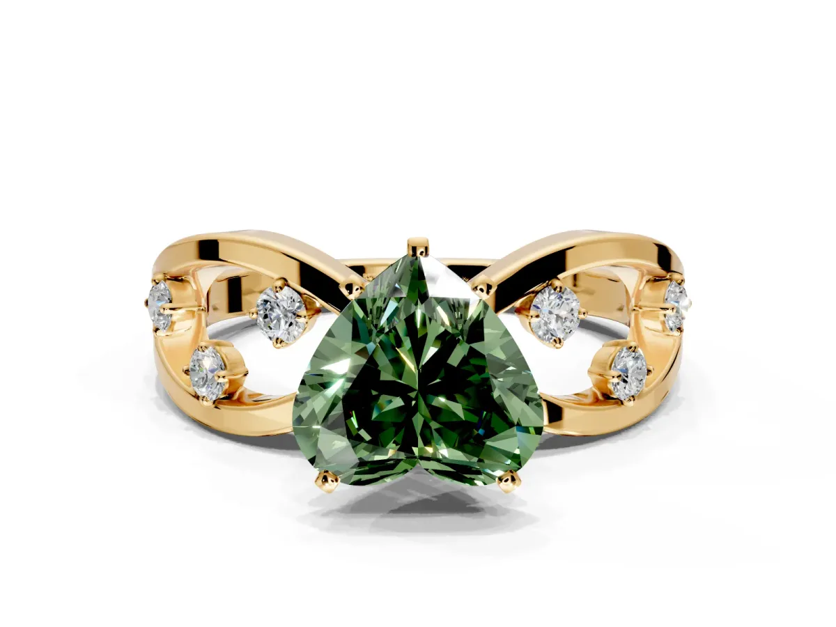 Solitaire Engagement Ring Setting for Fancy Green Heart-Shaped Center with Criss-Cross Accent Band and Prong Head in Yellow Gold
