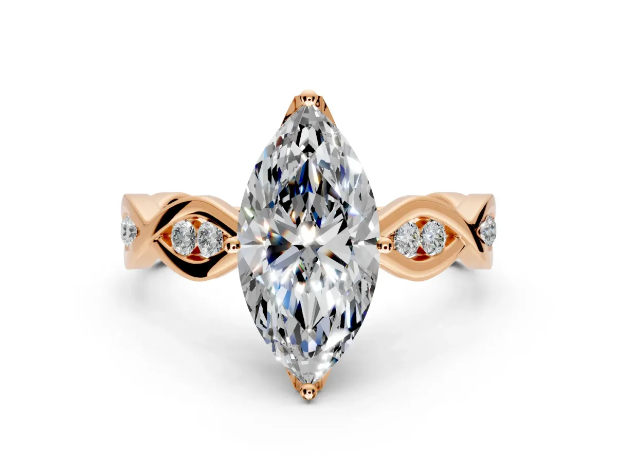 Solitaire Engagement Ring Setting for Marquise Center with Accented Twist Band and Leaf Prong Head in Rose Gold