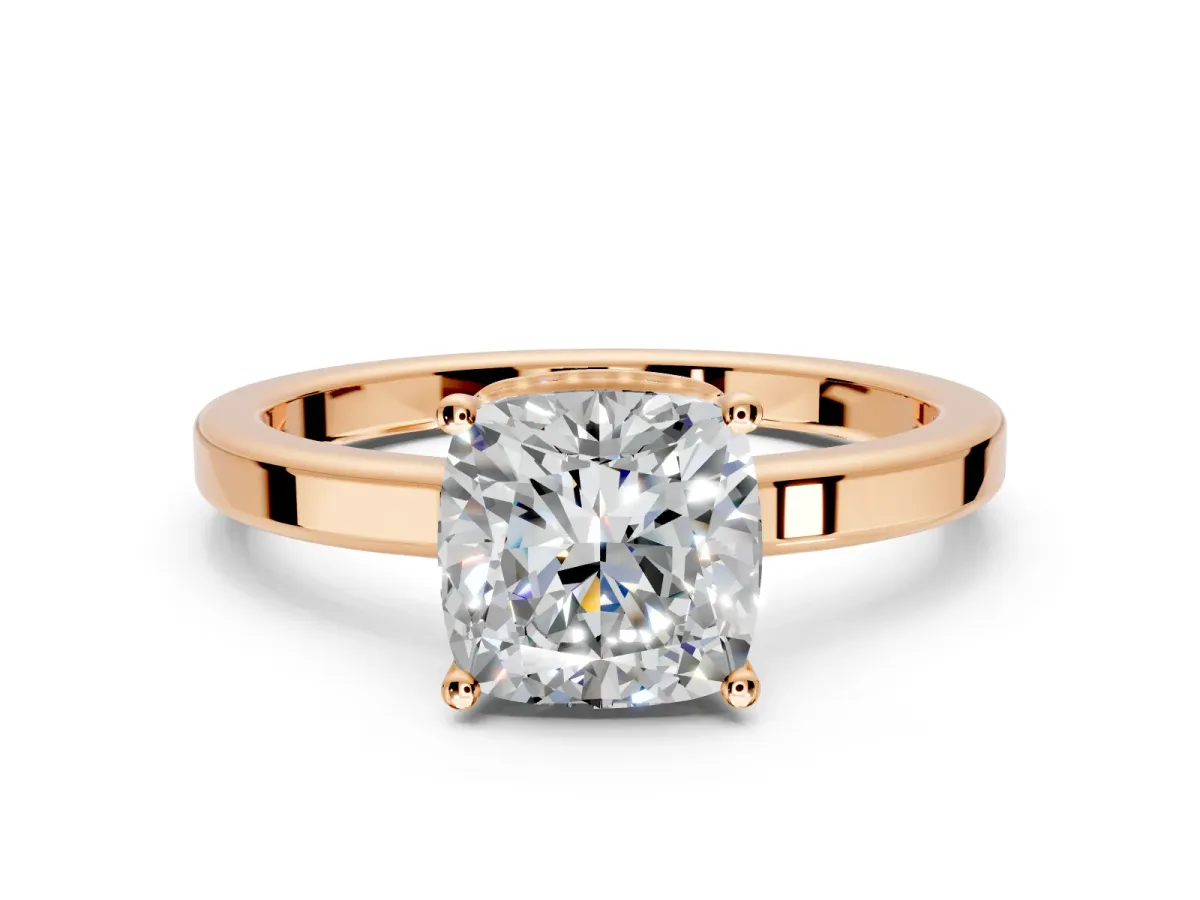 Hidden Halo Engagement Ring Setting for Cushion Cut Center with Wide Flat Plain Band and Prong Head in Rose Gold