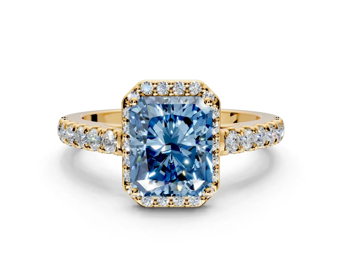 Halo Engagement Ring Setting for Fancy Blue Radiant Cut Center with Full Pave Band and Prong Head in Yellow Gold