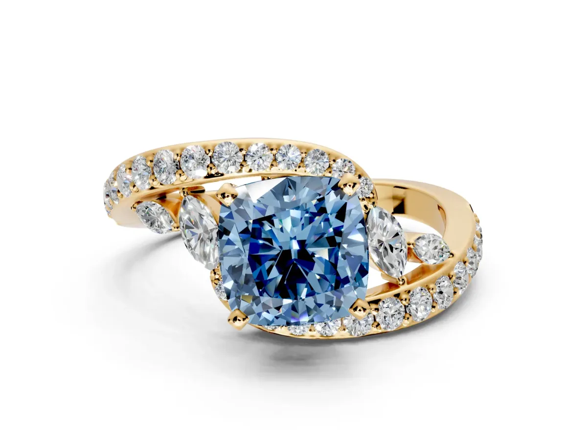 Solitaire Engagement Ring Setting for Fancy Blue Cushion Cut Center with Filigree Band and Prong Head in Yellow Gold