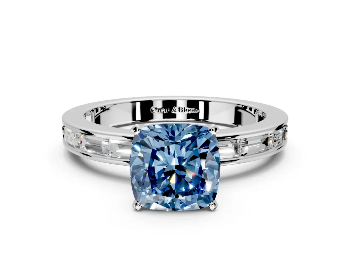 Solitaire Engagement Ring Setting for Fancy Blue Cushion Cut Center with Channel Baguette Band and Prong Head in Platinum