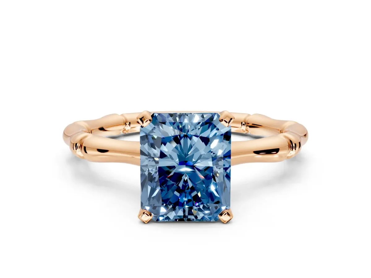 Solitaire Engagement Ring Setting for Fancy Blue Radiant Cut Center with Bamboo Band and Prong Head in Rose Gold
