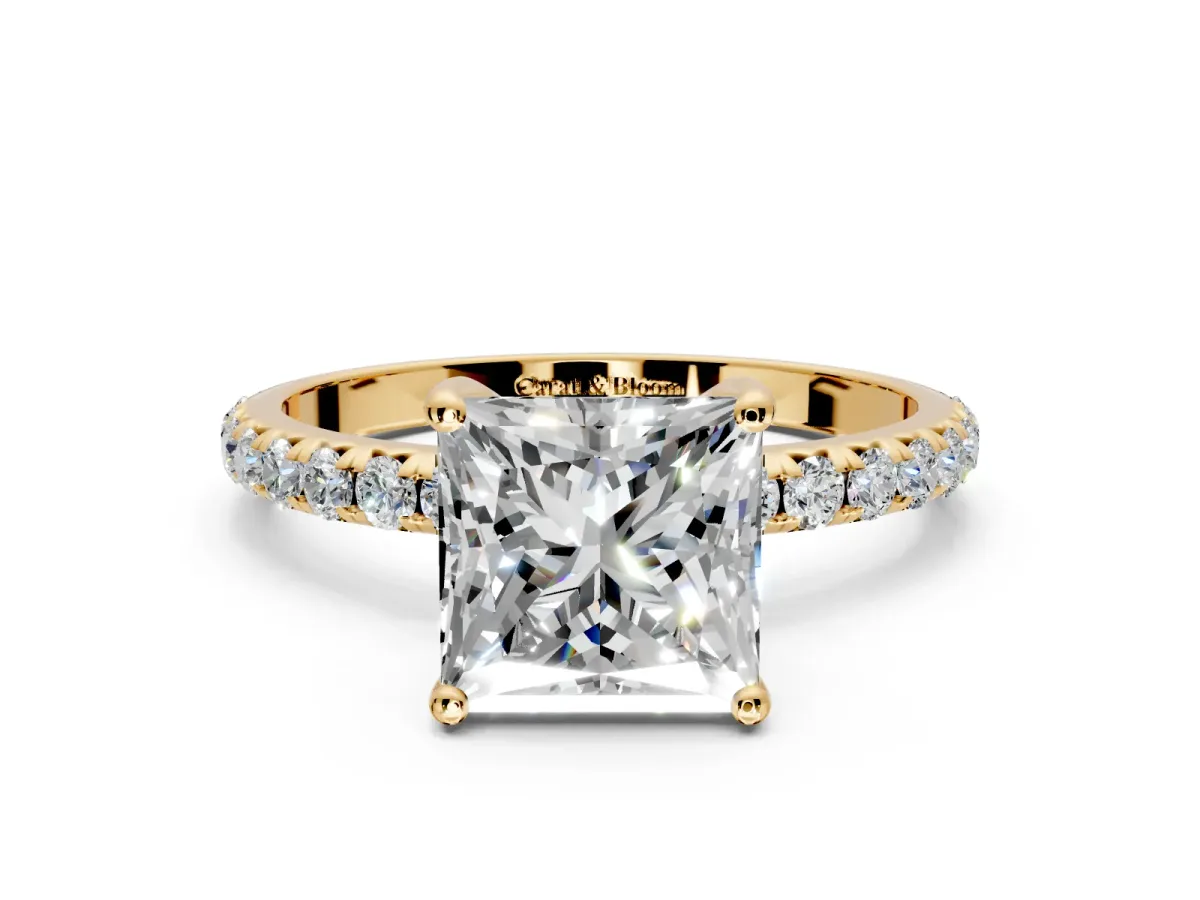 Solitaire Engagement Ring Setting for Princess Cut Center with Micro Pave Band and Prong Head in Yellow Gold
