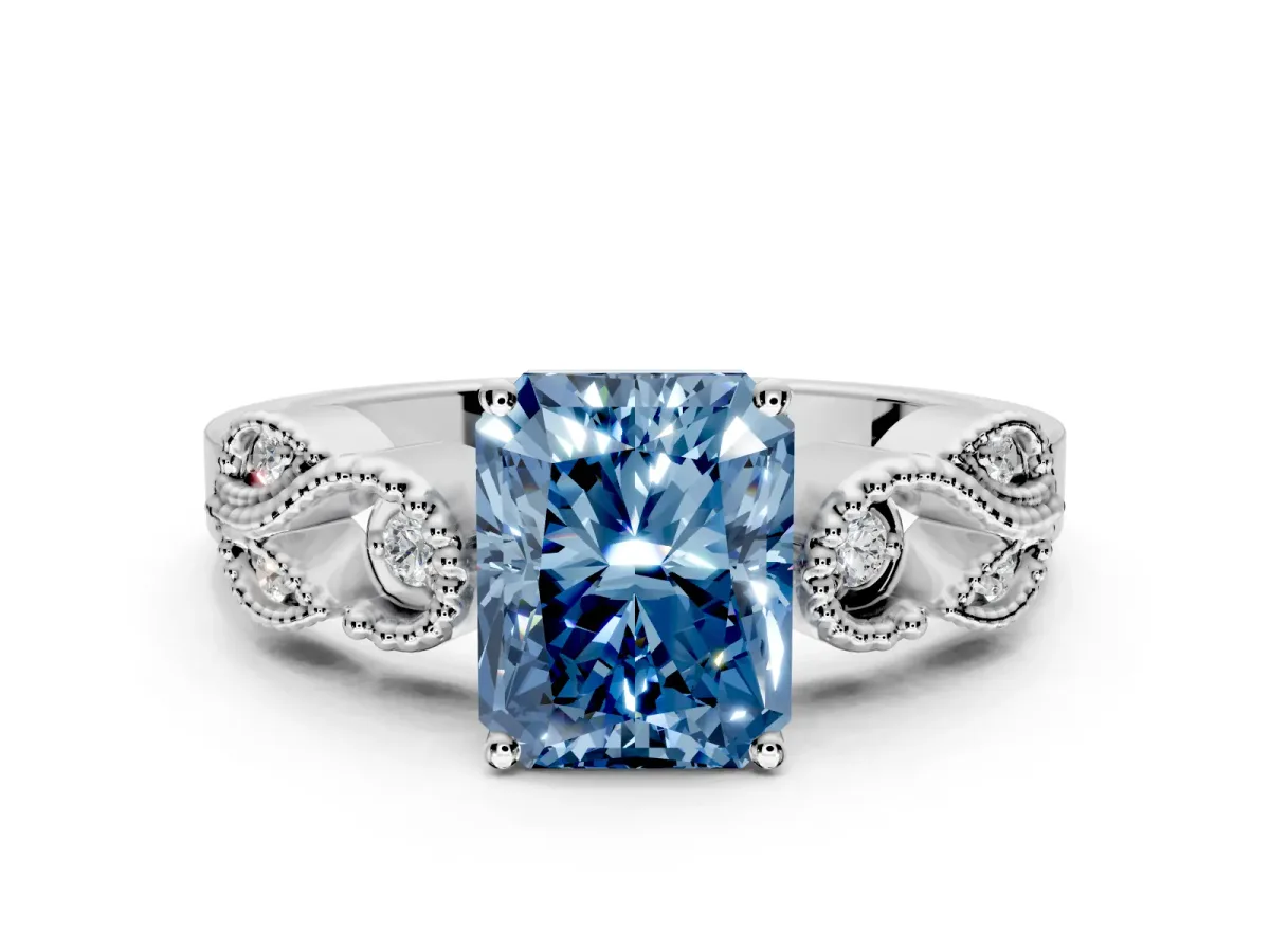 Leaf Engagement Ring Setting for Fancy Blue Radiant Cut Center with Milgrain Accent Band and Prong Head in Platinum