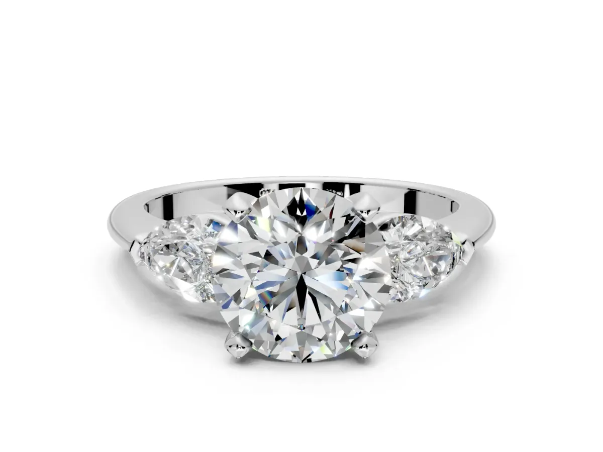3 Stone Engagement Ring Setting for Round Cut Center with Large Pear-Shaped Accents and Prong Head in Platinum