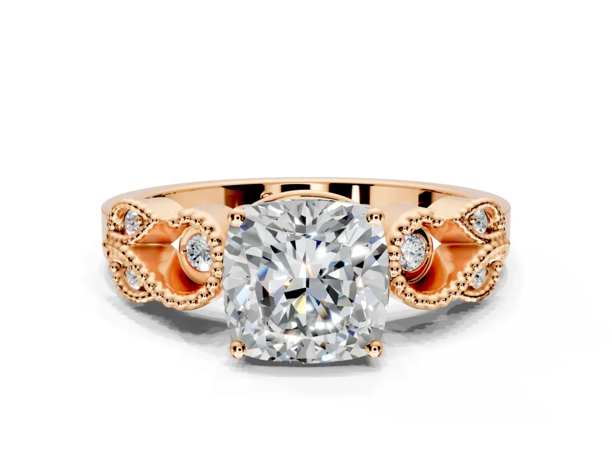 Leaf Engagement Ring Setting for Cushion Cut Center with Milgrain Accent Band and Prong Head in Rose Gold
