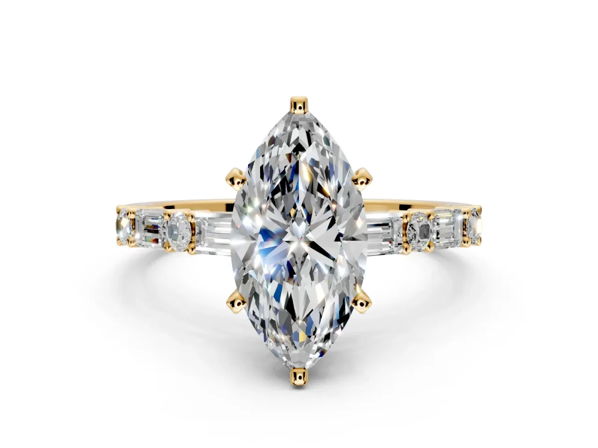 Baguette Engagement Ring Setting for Marquise Center with Alternating Bar-Set Band and Prong Head in Yellow Gold