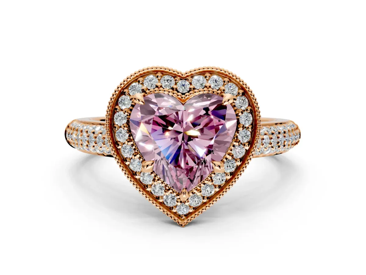 Milgrain Halo Engagement Ring Setting for Fancy Pink Heart-Shaped Center with Three-Sided Pave Band and Prong Head in Rose Gold