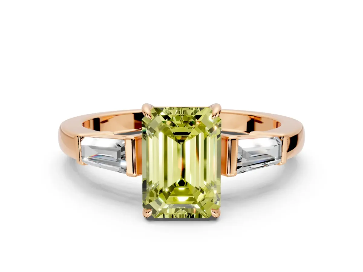 3 Stone Engagement Ring Setting for Fancy Yellow Emerald Cut Center with Baguette Accents and Prong Head in Rose Gold