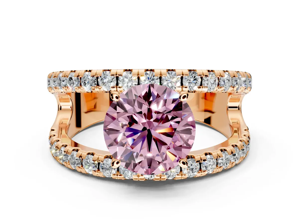 Solitaire Engagement Ring Setting for Fancy Pink Round Cut Center with Wide-Open Split Shank and Prong Head in Rose Gold
