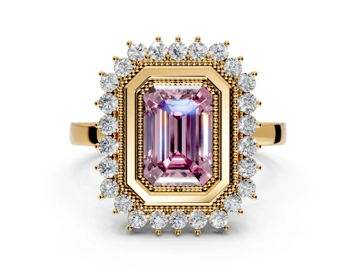 Halo Engagement Ring Setting for Fancy Pink Emerald Cut Center with Milgrain Bezel Rim, Plain Band and Prong Head in Yellow Gold