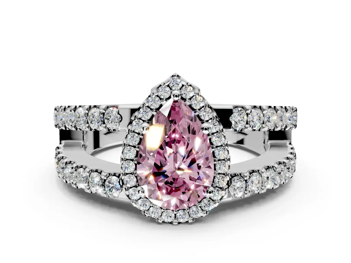 Halo Engagement Ring Setting for Fancy Pink Pear-Shaped Center with Wide-Open Pave Split Shank and Prong Head in Platinum
