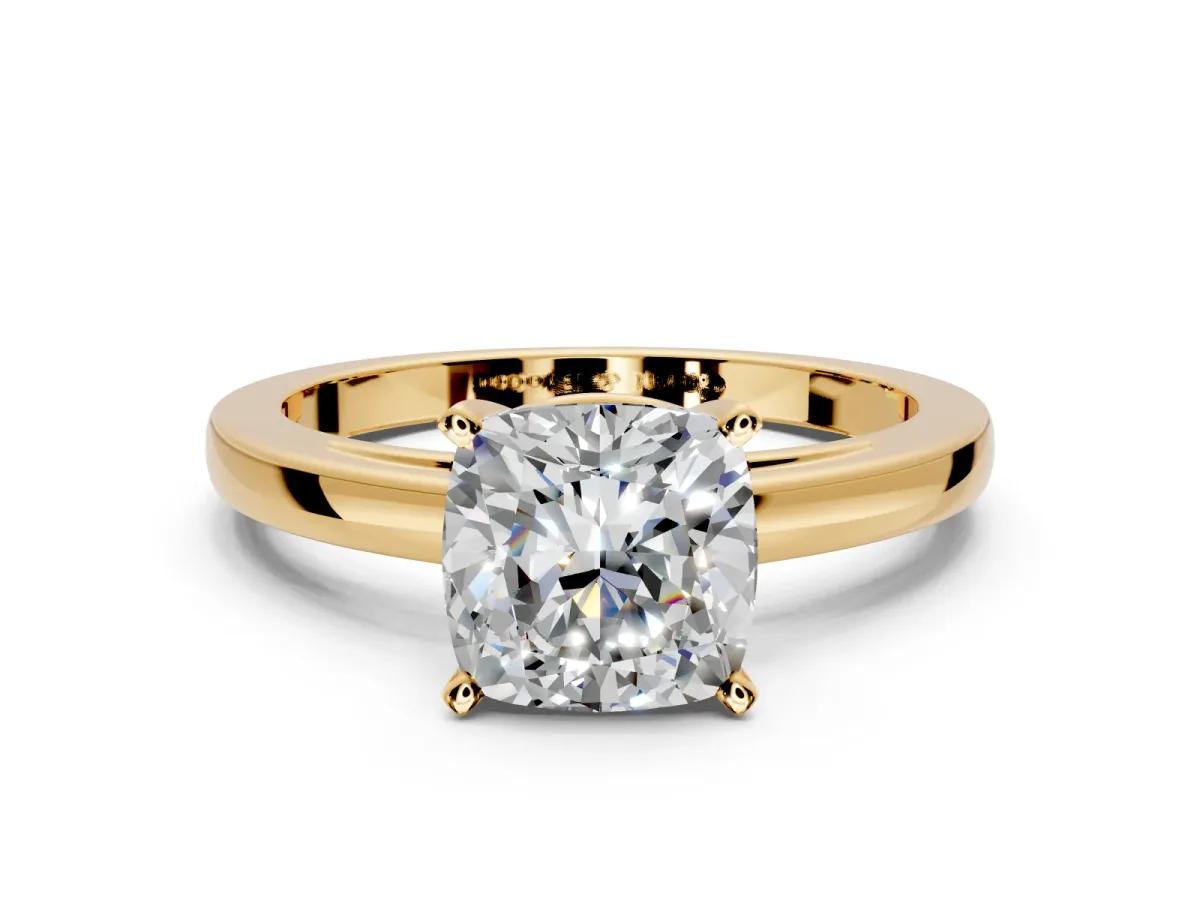 Solitaire Engagement Ring Setting for Cushion Cut Center with Basket Rail and Prong Head in Yellow Gold