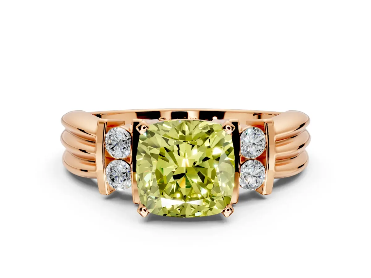 Solitaire Engagement Ring Setting for Fancy Yellow Cushion Cut Center with Grooved Bar Accent Band and Prong Head in Rose Gold