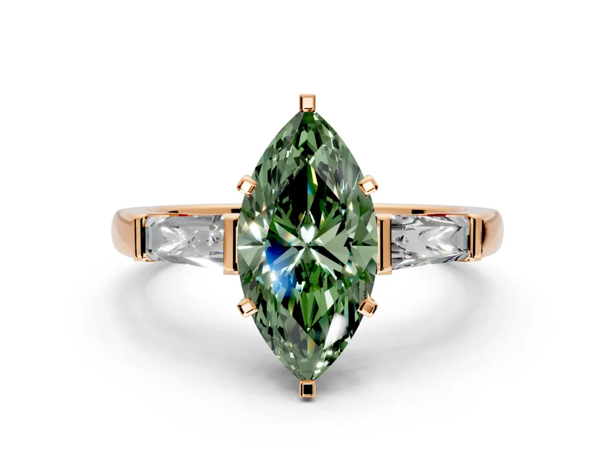 3 Stone Engagement Ring Setting for Fancy Green Marquise Center with Tapered Baguettes, Plain Band and Prong Head in Rose Gold