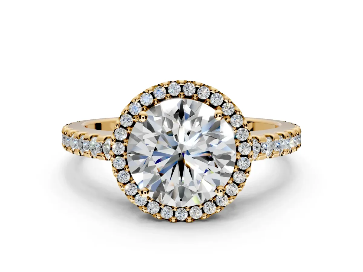 Accent Halo Engagement Ring Setting for Round Cut Center with Full-Length Pave Band and Prong Head in Yellow Gold