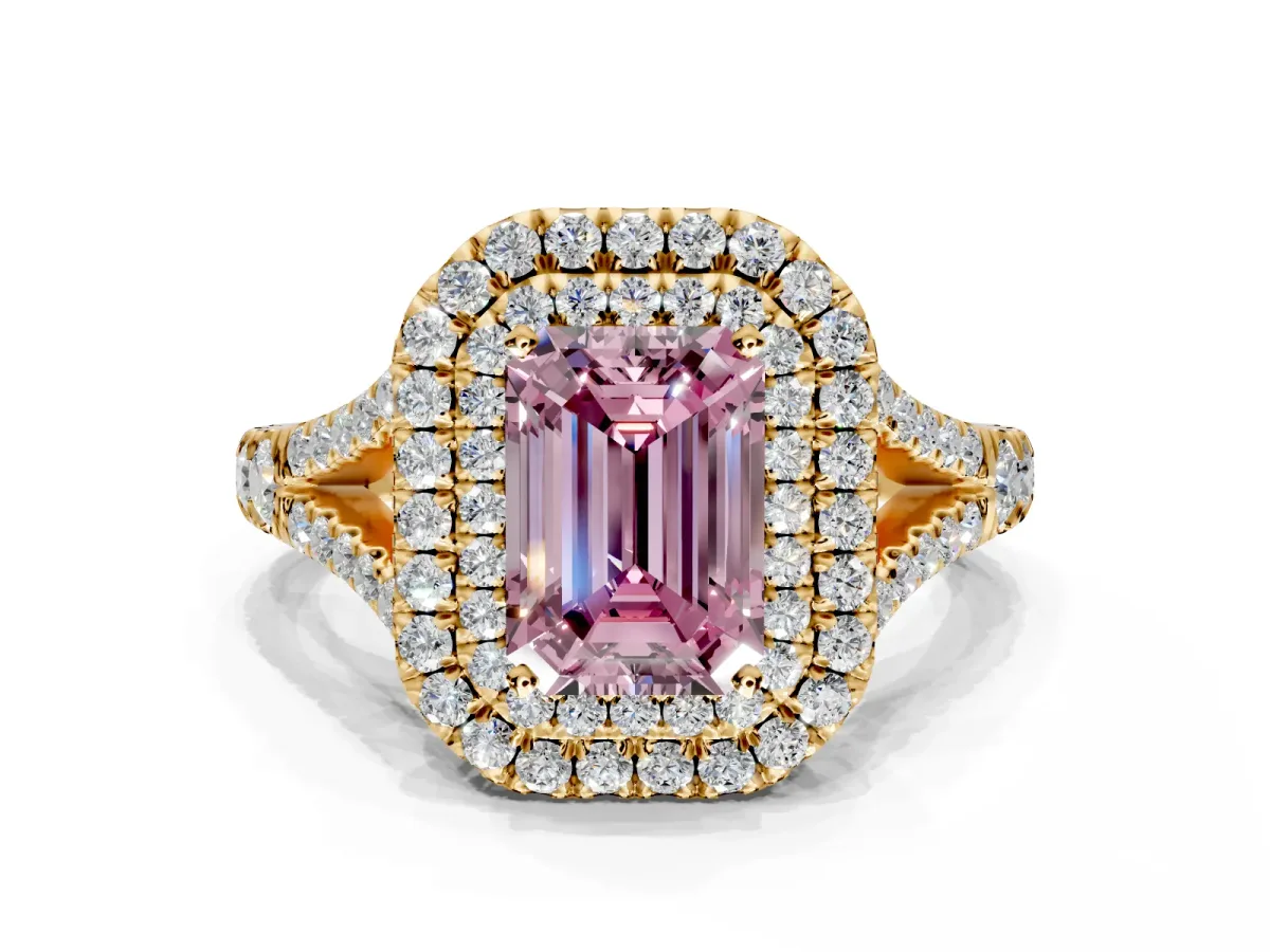 Double Halo Engagement Ring Setting for Fancy Pink Emerald Cut Center with Narrow Pave Split Shank and Prong Head in Yellow Gold