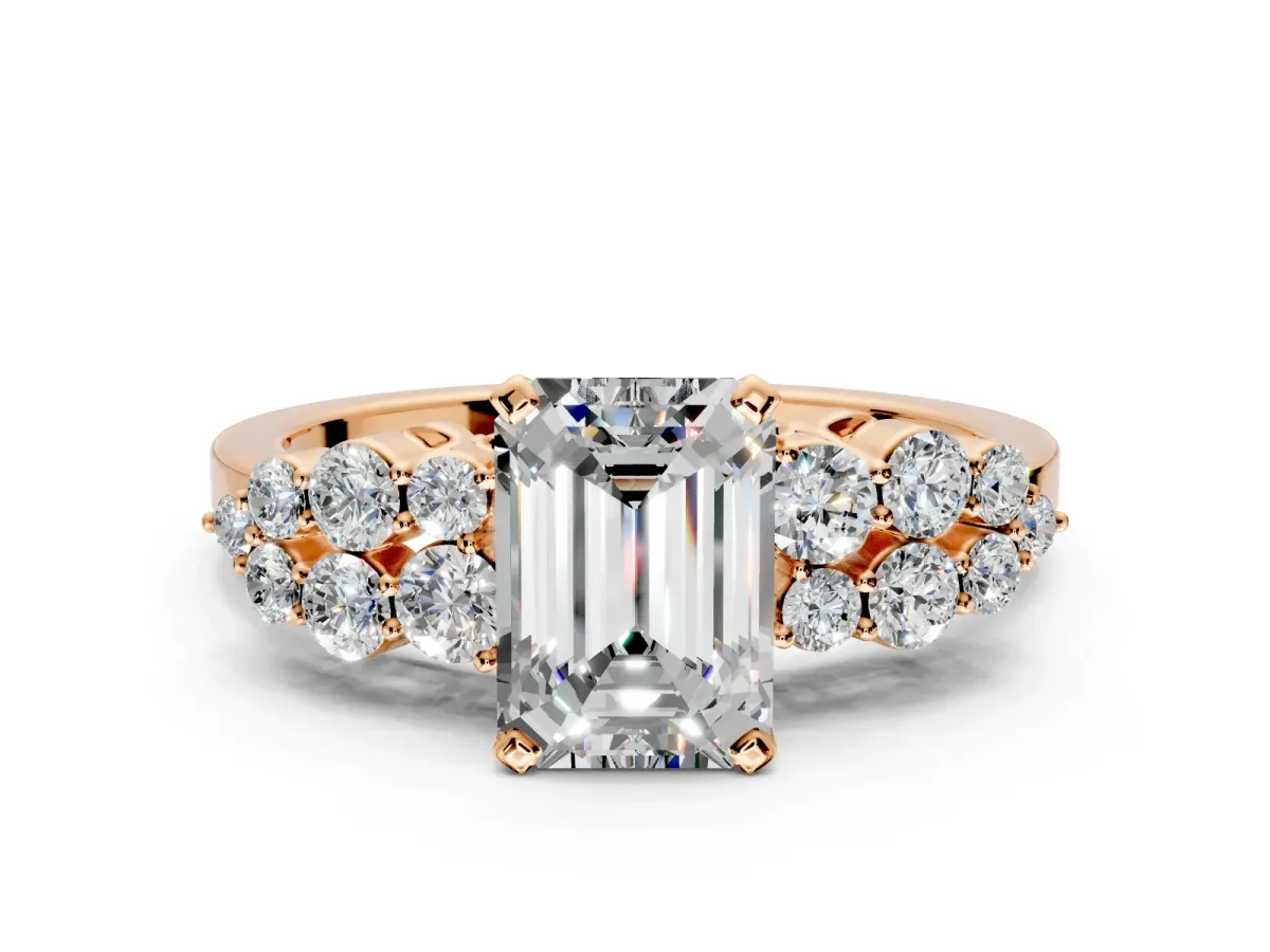 Cluster Engagement Ring Setting for Emerald Cut Center with 2-Row Shoulder Clusters and Prong Head in Rose Gold