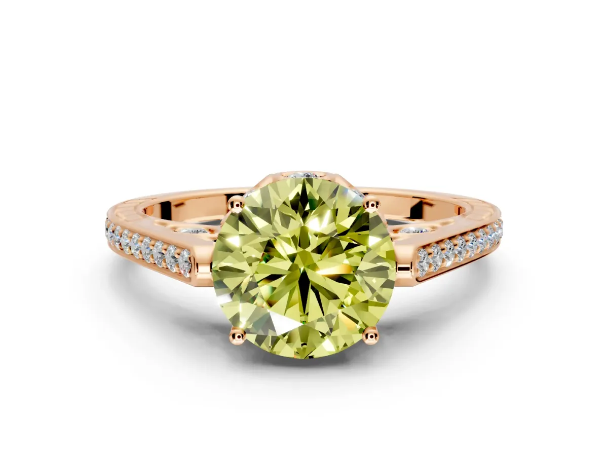 Cathedral Engagement Ring Setting for Fancy Yellow Round Cut Center with Antique-Style Pave Band and Prong Head in Rose Gold
