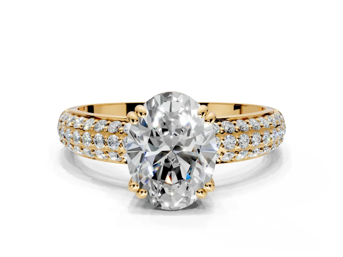 Solitaire Engagement Ring Setting for Oval Center with Multi-Row Pave Accents and Basket Head in Yellow Gold