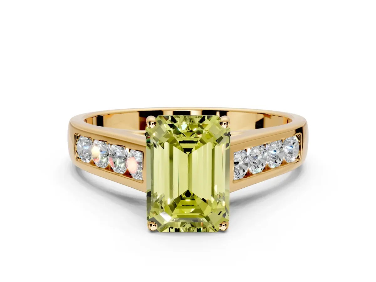 Solitaire Engagement Ring Setting for Fancy Yellow Emerald Cut Center with Round Cut Channel Band and Prong Head in Yellow Gold