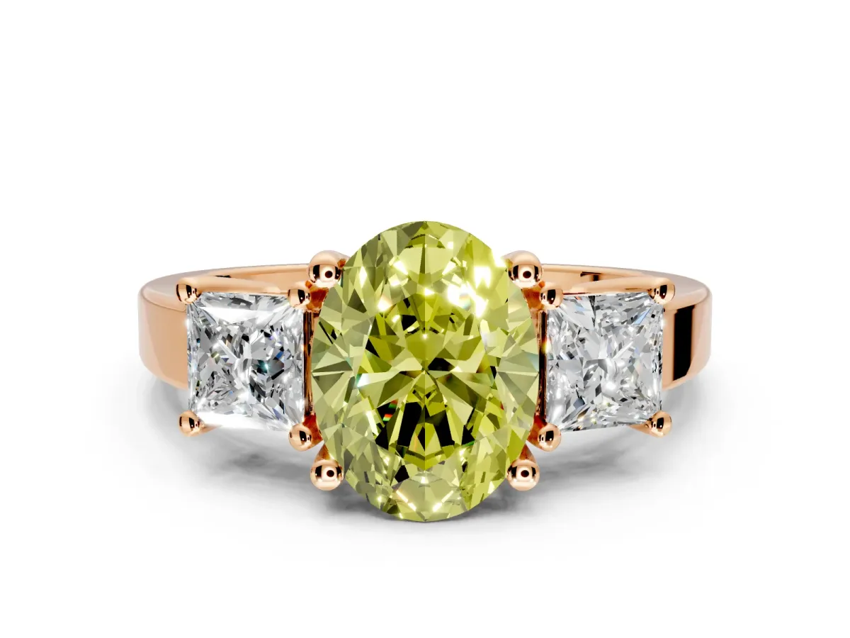 3 Stone Engagement Ring Setting for Fancy Yellow Oval Center with Matching Side Accents and Prong Head in Rose Gold