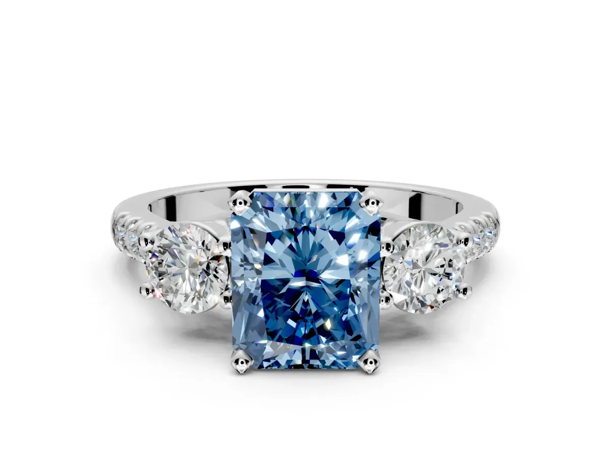 3 Stone Engagement Ring Setting for Fancy Blue Radiant Cut Center with Crossover Basket, Pave Band and Prong Head in Sterling Silver