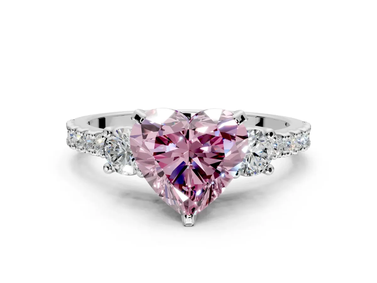 3 Stone Engagement Ring Setting for Fancy Pink Heart-Shaped Center with Round Cut Side Accents and Prong Head in Sterling Silver