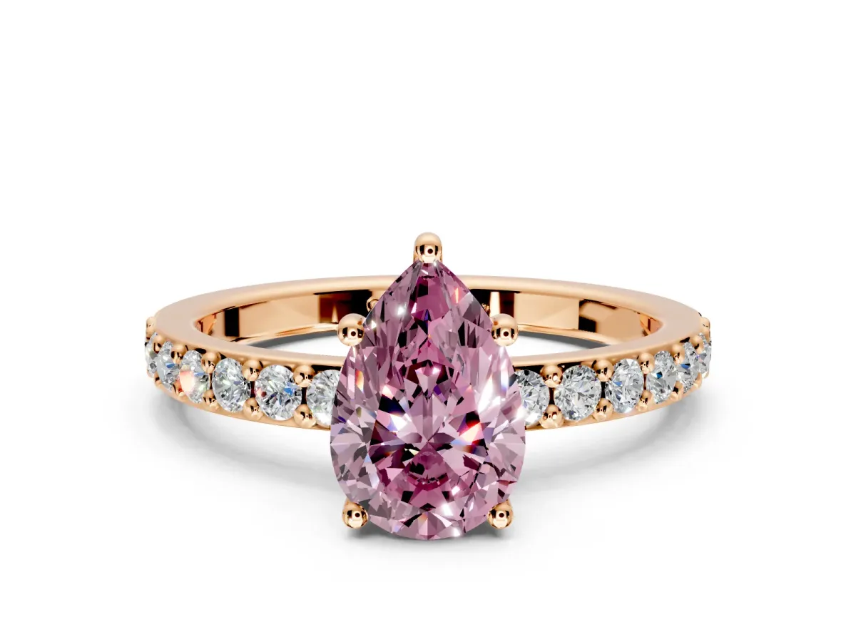Solitaire Engagement Ring Setting for Fancy Pink Pear-Shaped Center with Round Cut Pave Band and Prong Head in Rose Gold