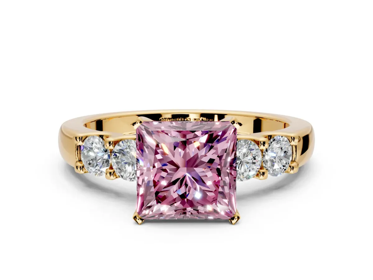 5 Stone Engagement Ring Setting for Fancy Pink Princess Cut Center with Plain Band and Prong Head in Yellow Gold