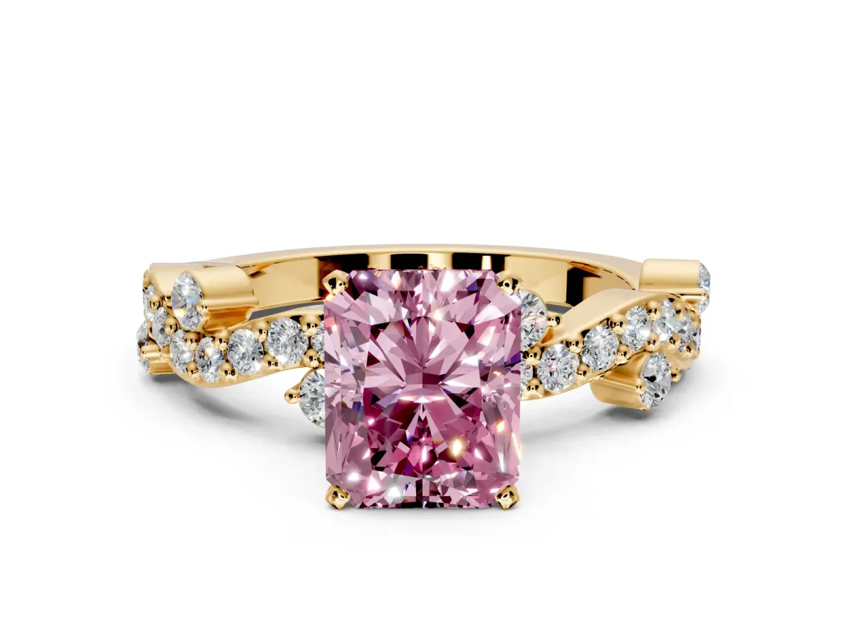 Solitaire Engagement Ring Setting for Fancy Pink Radiant Cut Center with Bar-Station Pave Twist and Prong Head in Yellow Gold