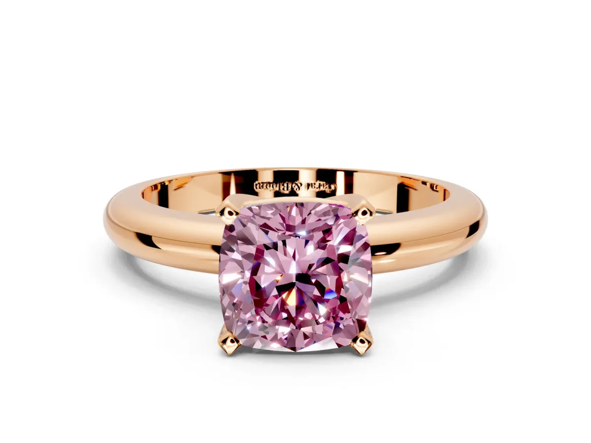 Solitaire Engagement Ring Setting for Fancy Pink Cushion Cut Center with Wire Band and Prong Head in Rose Gold