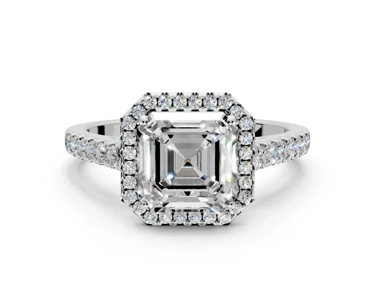 Halo Engagement Ring Setting for Asscher Cut Center with Narrowing Pave Band and Prong Head in Sterling Silver