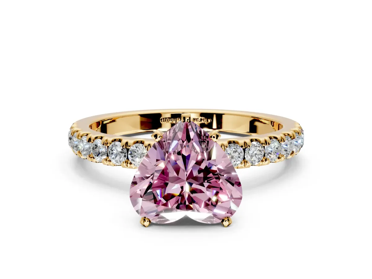 Open Basket Engagement Ring Setting for Fancy Pink Heart-Shaped Center with Pave Band and Prong Head in Yellow Gold
