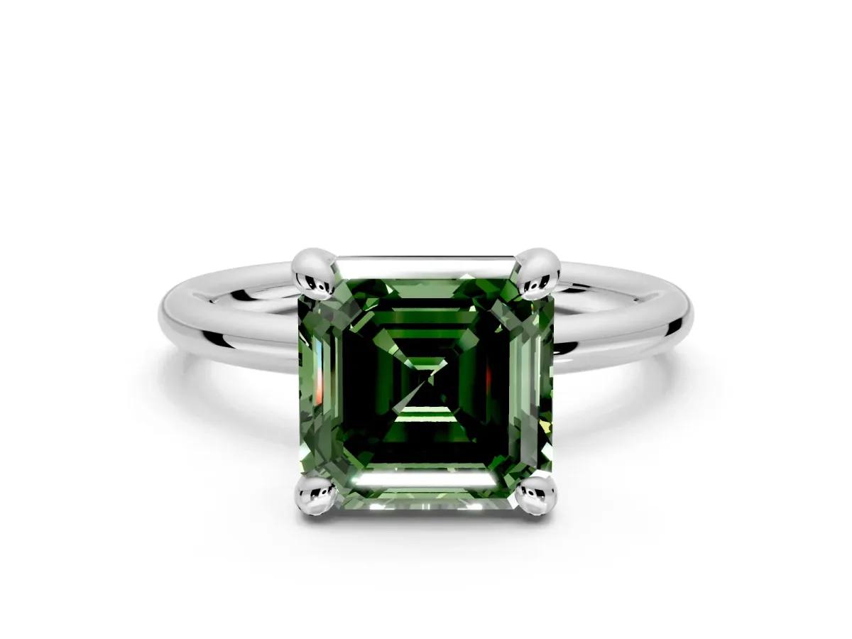 Low-Set Solitaire Engagement Ring Setting for Fancy Green Asscher Cut Center with Thin Plain Band and Prong Head in Platinum