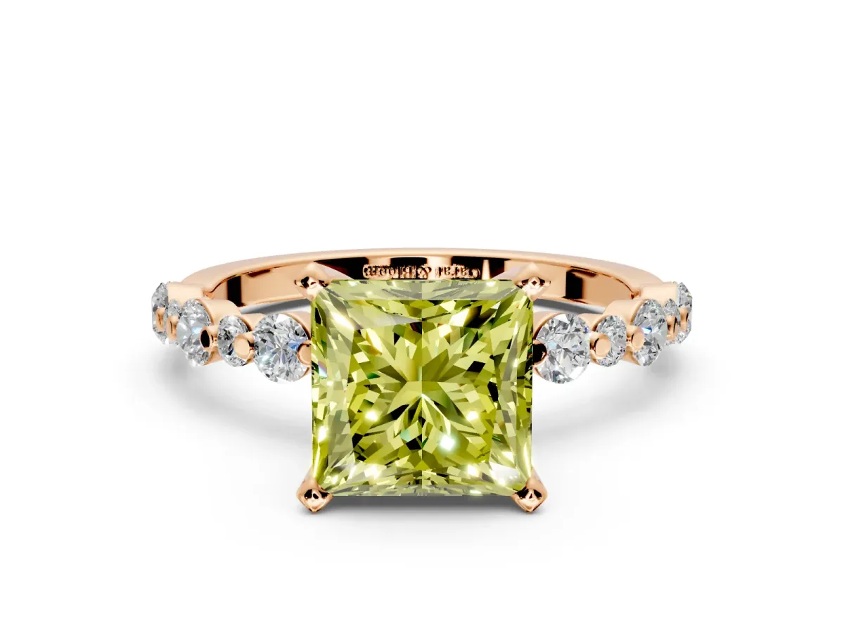 Solitaire Engagement Ring Setting for Fancy Yellow Princess Cut Center with Alternating Size Accents and Prong Head in Rose Gold