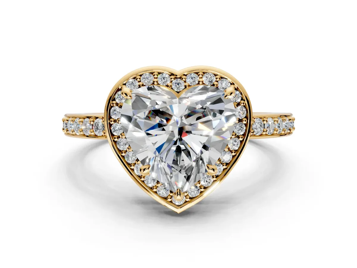 Halo Engagement Ring Setting for Heart-Shaped Center with Metal-Rimmed Halo, Pave Band and Prong Head in Yellow Gold