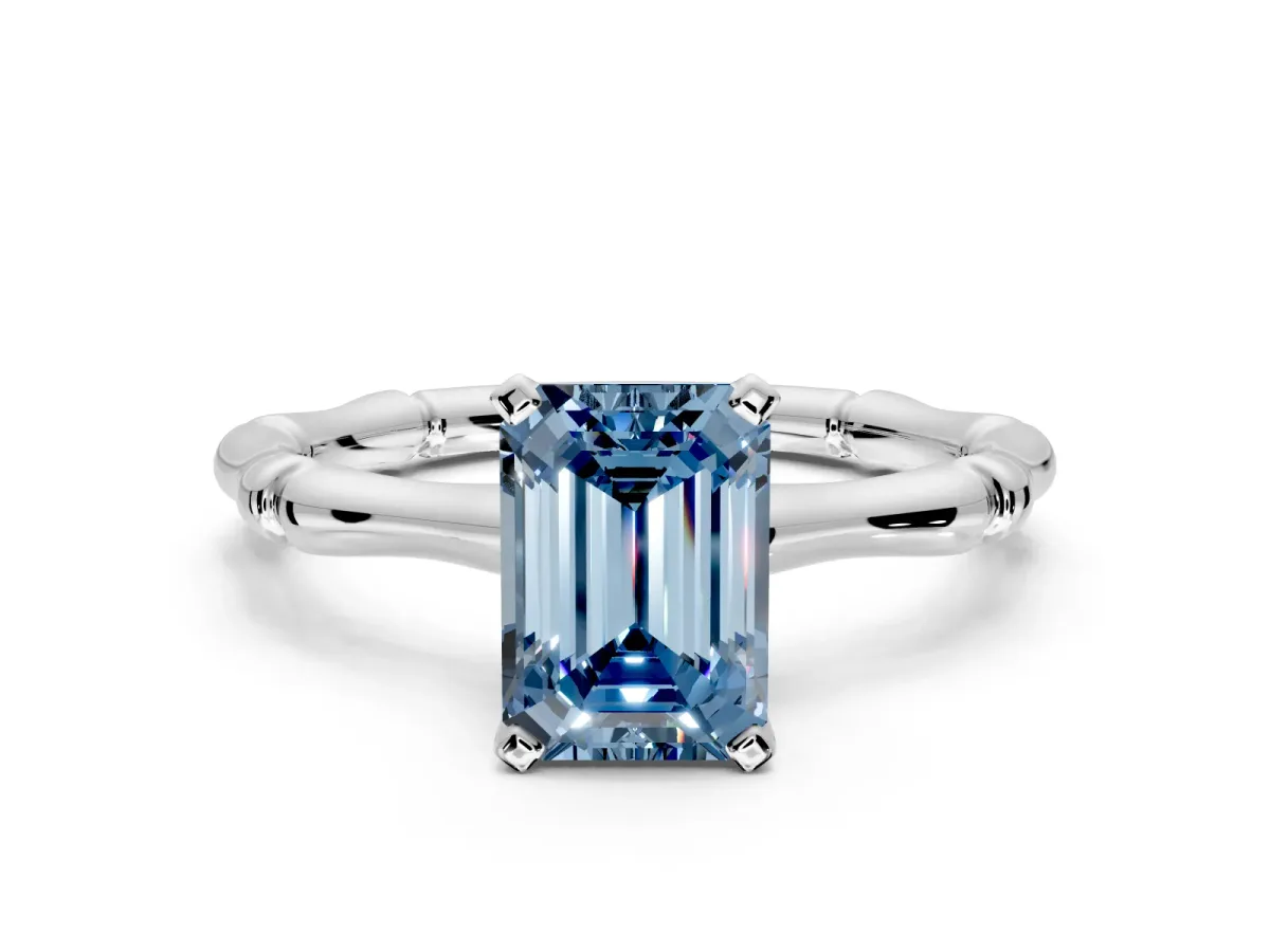 Solitaire Engagement Ring Setting for Fancy Blue Emerald Cut Center with Bamboo Band and Prong Head in Platinum