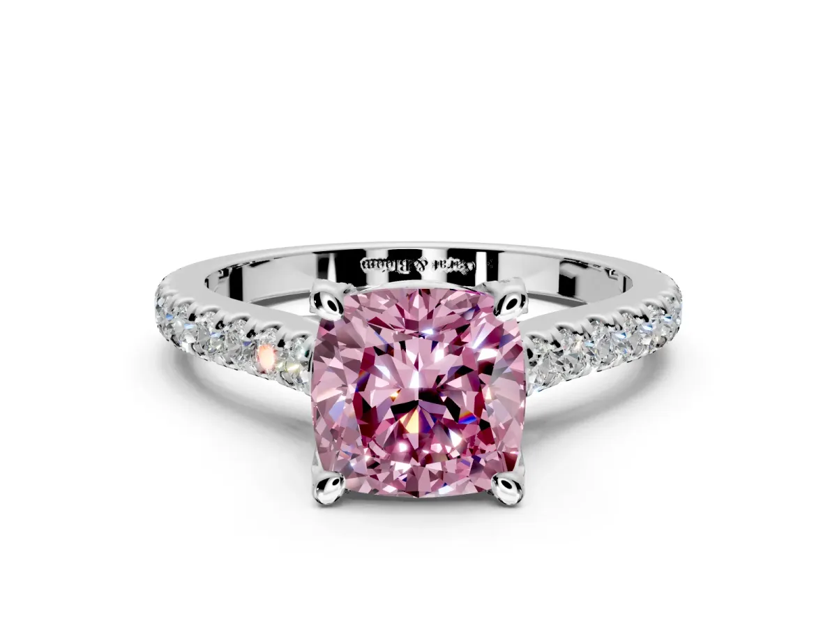 Solitaire Engagement Ring Setting for Fancy Pink Cushion Cut Center with Widening Pave Band and Claw Prong Head in White Gold