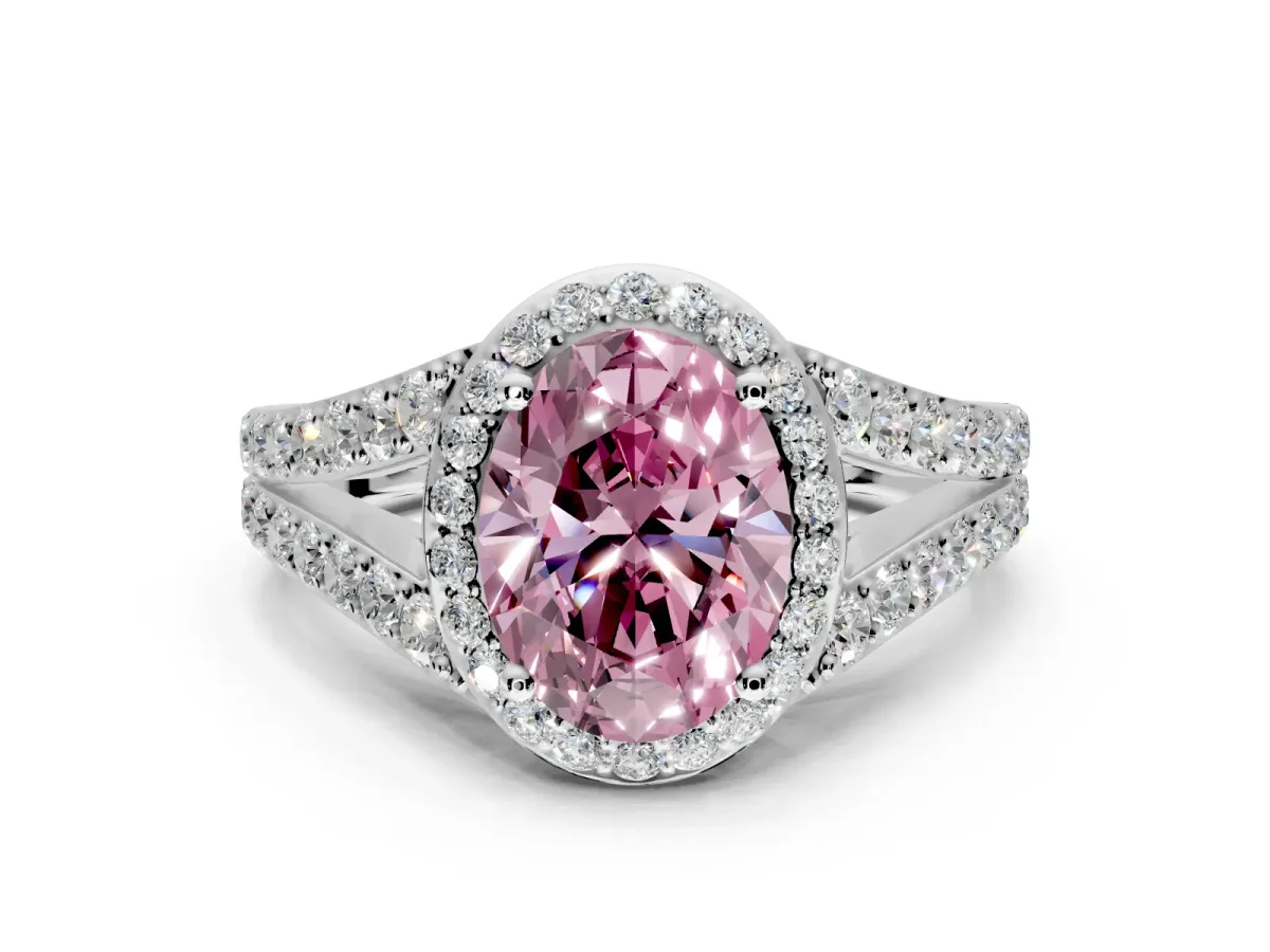 Halo Engagement Ring Setting for Fancy Pink Oval Center with Narrow Pave Split Shank and Prong Head in Platinum