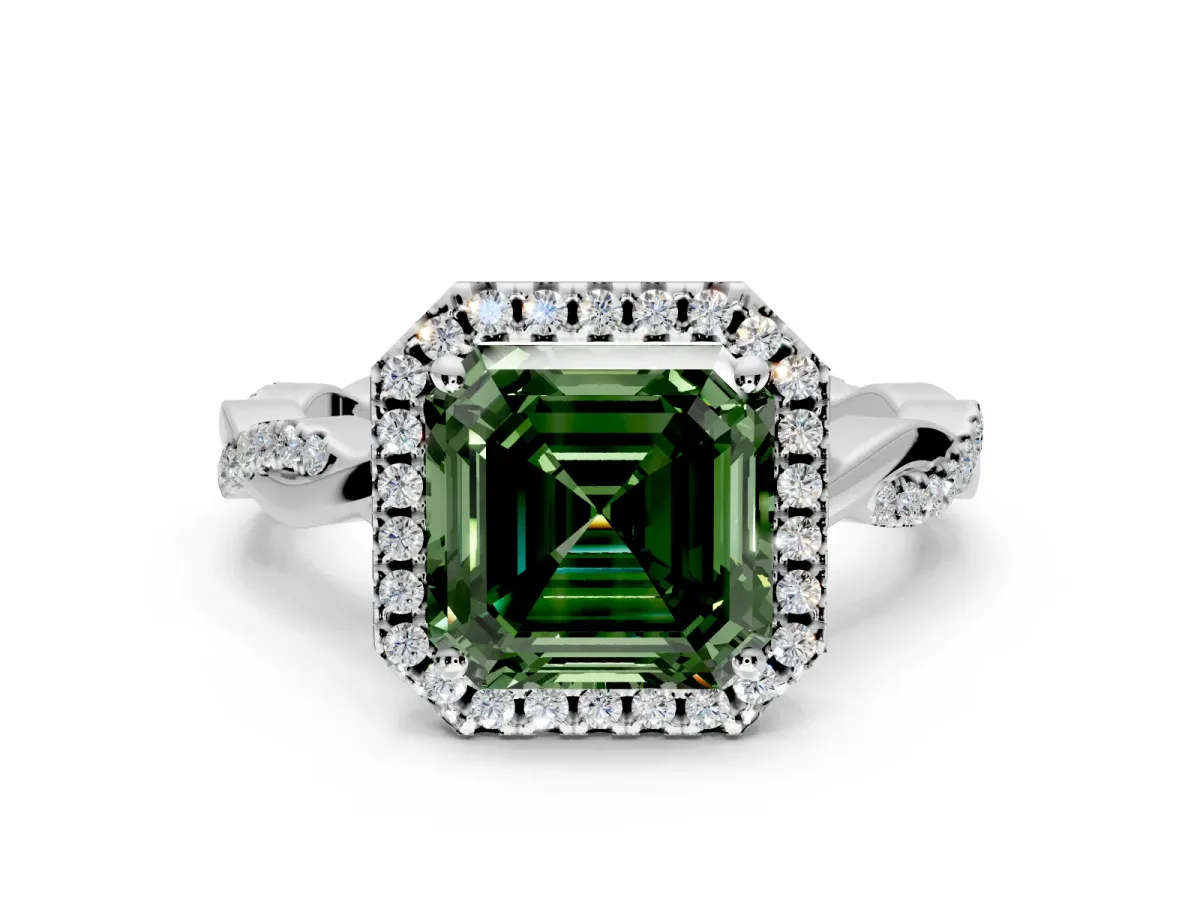 Halo Engagement Ring Setting for Fancy Green Asscher Cut Center with Pave and Plain Twist Band and Prong Head in White Gold