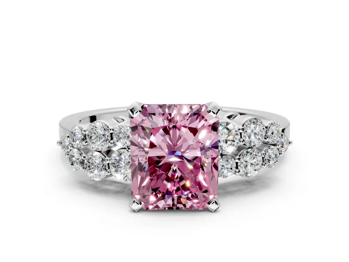 Cluster Engagement Ring Setting for Fancy Pink Radiant Cut Center with 2-Row Shoulder Clusters and Prong Head in Platinum